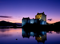 Eilean Donan castle on a winter night shortly after sunset